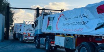 الهلال الأحمر يدفع بـ 400 شاحنة تحمل 9700 طن مساعدات إنسانية وبترولية عبر قافلة «زاد العزة» الـ 50