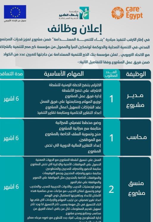 مؤسسة بنك الخير للتنمية المستدامة تعلن عن فرص عمل ضمن مشروع "بناء للتنمية المستدامة" 3 ليسيششسلس